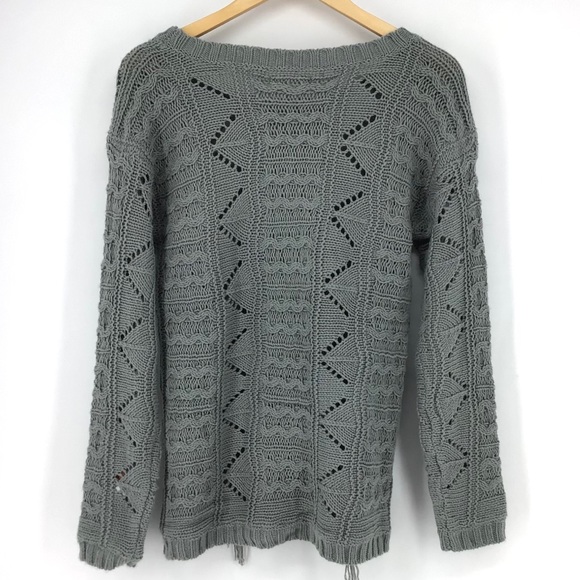 Elan Grey Cable Knit Fringe Tassel Front Sweater - Picture 4 of 6